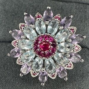 Sterling Silver Multicolor Zircon Flower Cocktail Ring – Statement piece